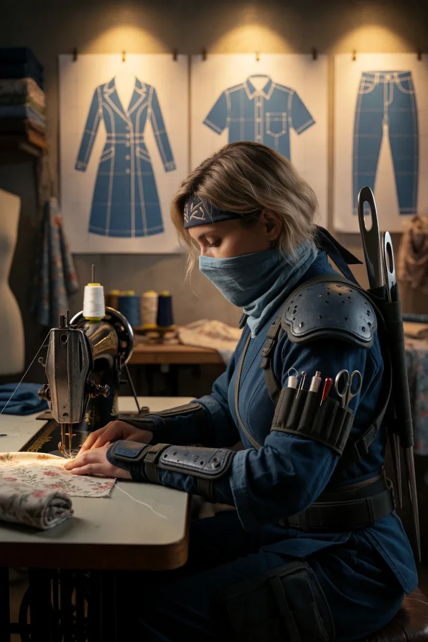 The maker at the machine in profile, guiding floral fabric under the needle